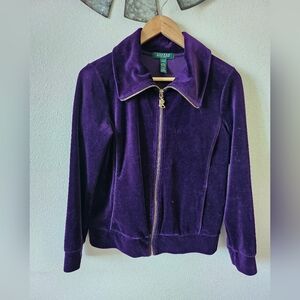 Lauren Ralph Lauren Women's Velvet Jacket Purple Size M Full Zip Gold Pockets.